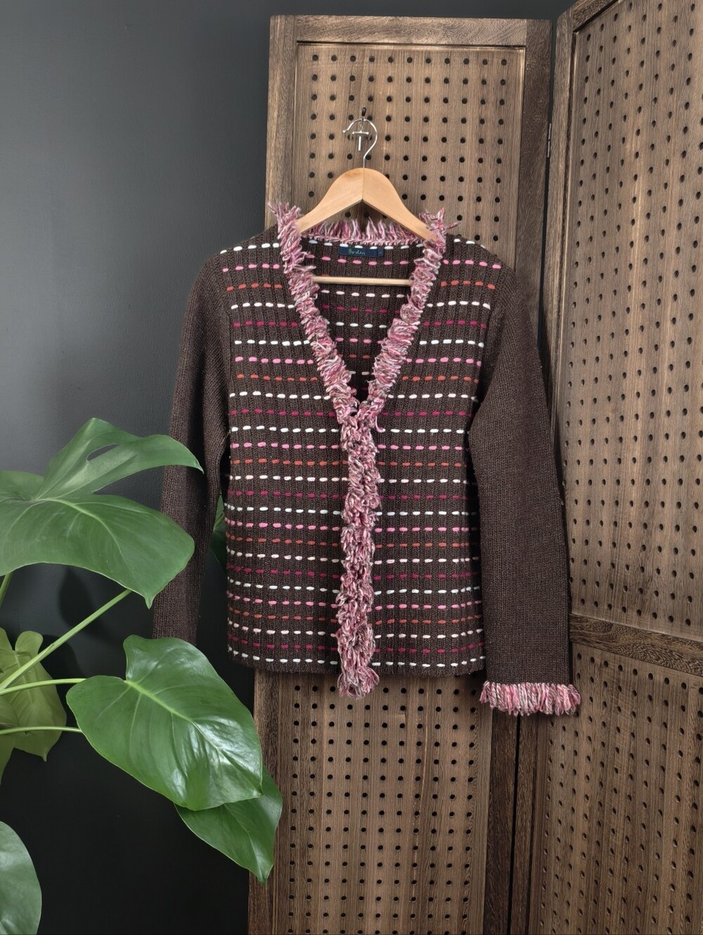 Boden Brown, Pink and Blue Fringe Trim Women's Cardigan Lambswool Sweater